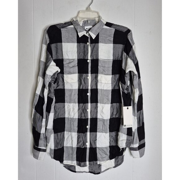 NWT STYLUS Buffalo Ivory/Black Plaid Long Sleeve Button Up Shirt Women's Size M - Picture 1 of 11